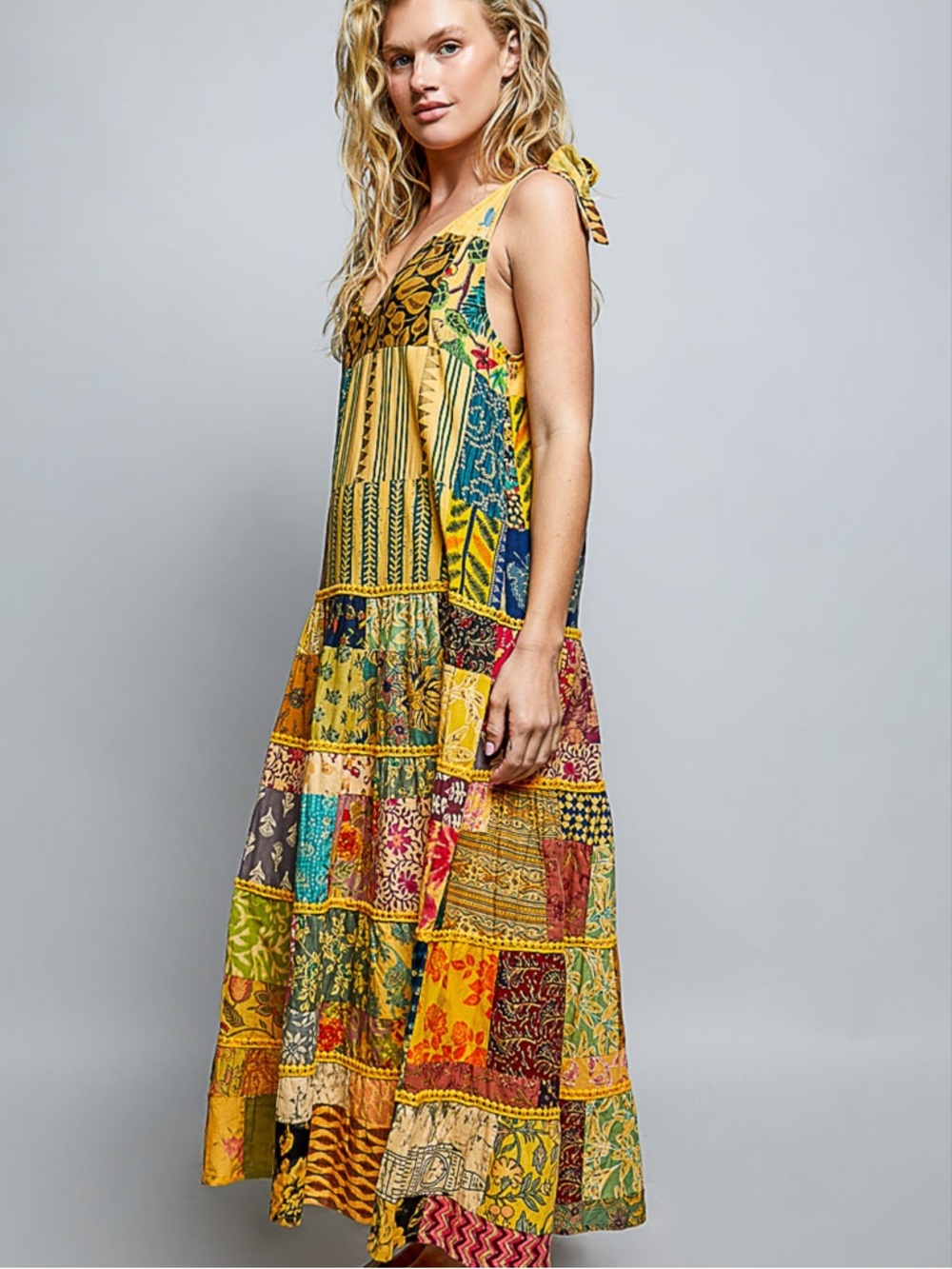 💕POL Bohemian Patchwork Maxi Dress in Mustard Yellow - Picture 3 of 7